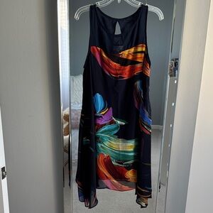 Signature by Robbie Bee Asymmetrical Dress - Black with Multicolor Swirls. 12